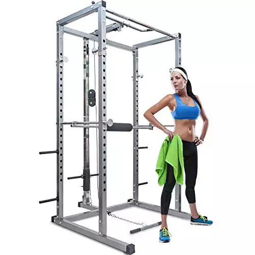 Merax Athletics Fitness Power Rack Olympic Squat Cage Home Gym avec LAT Pull Attachment (Silver Power Rack)